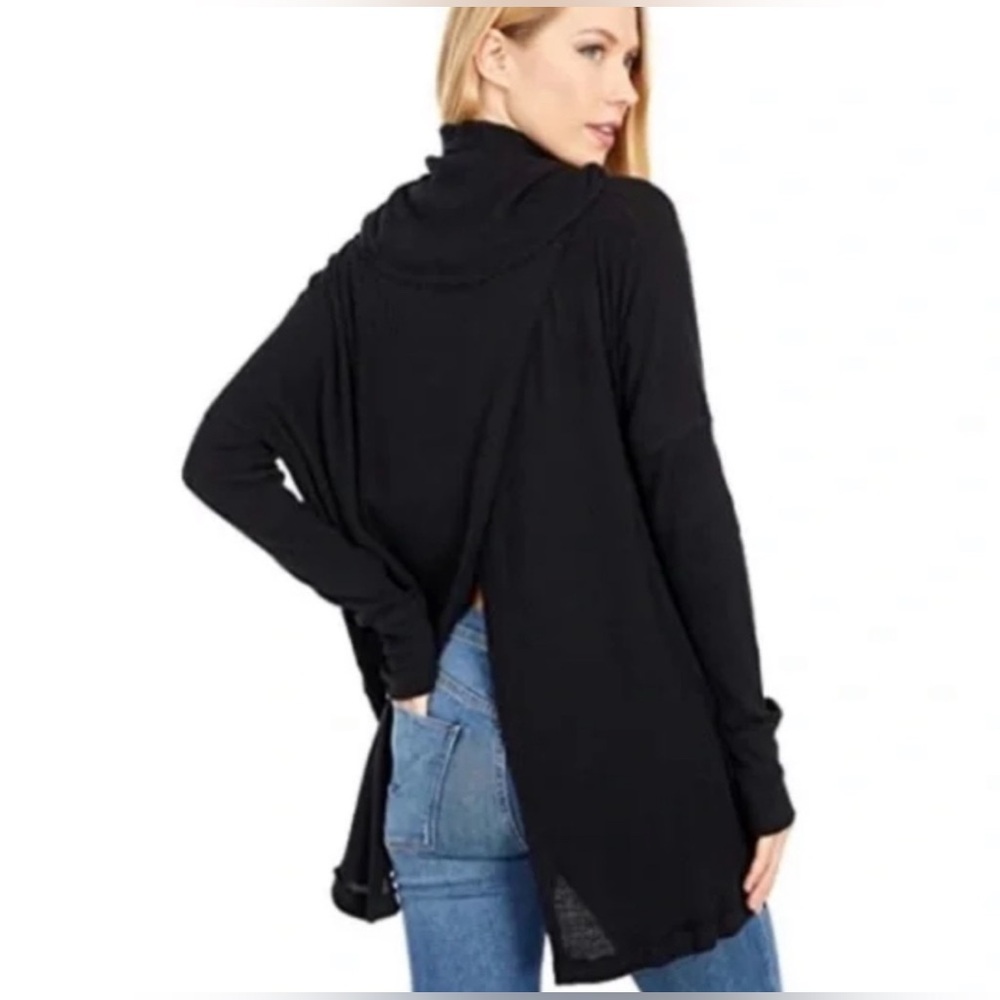 NWT Free People Juicy Long Sleeve Top Cowl Neck Thermal Oversized Open Back blac - Picture 3 of 11